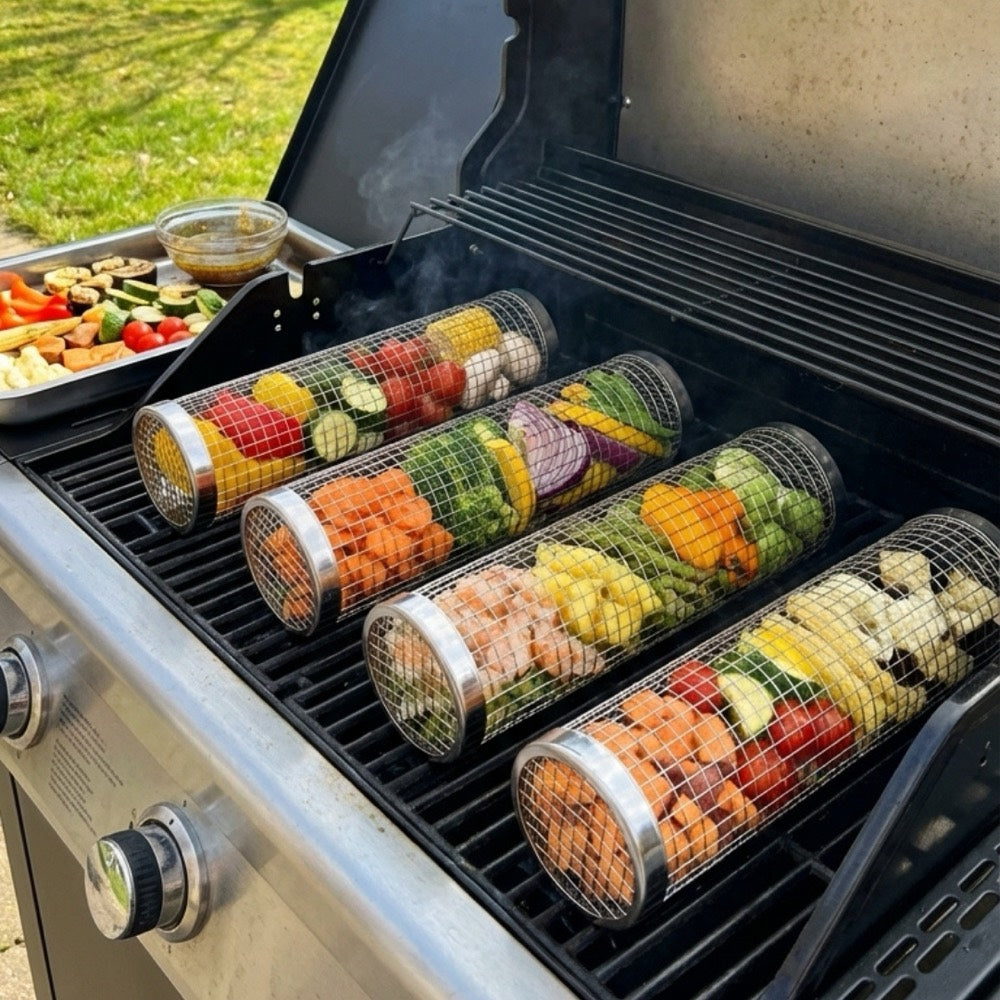 Grillkorb auf dem Grill mit Gemüse